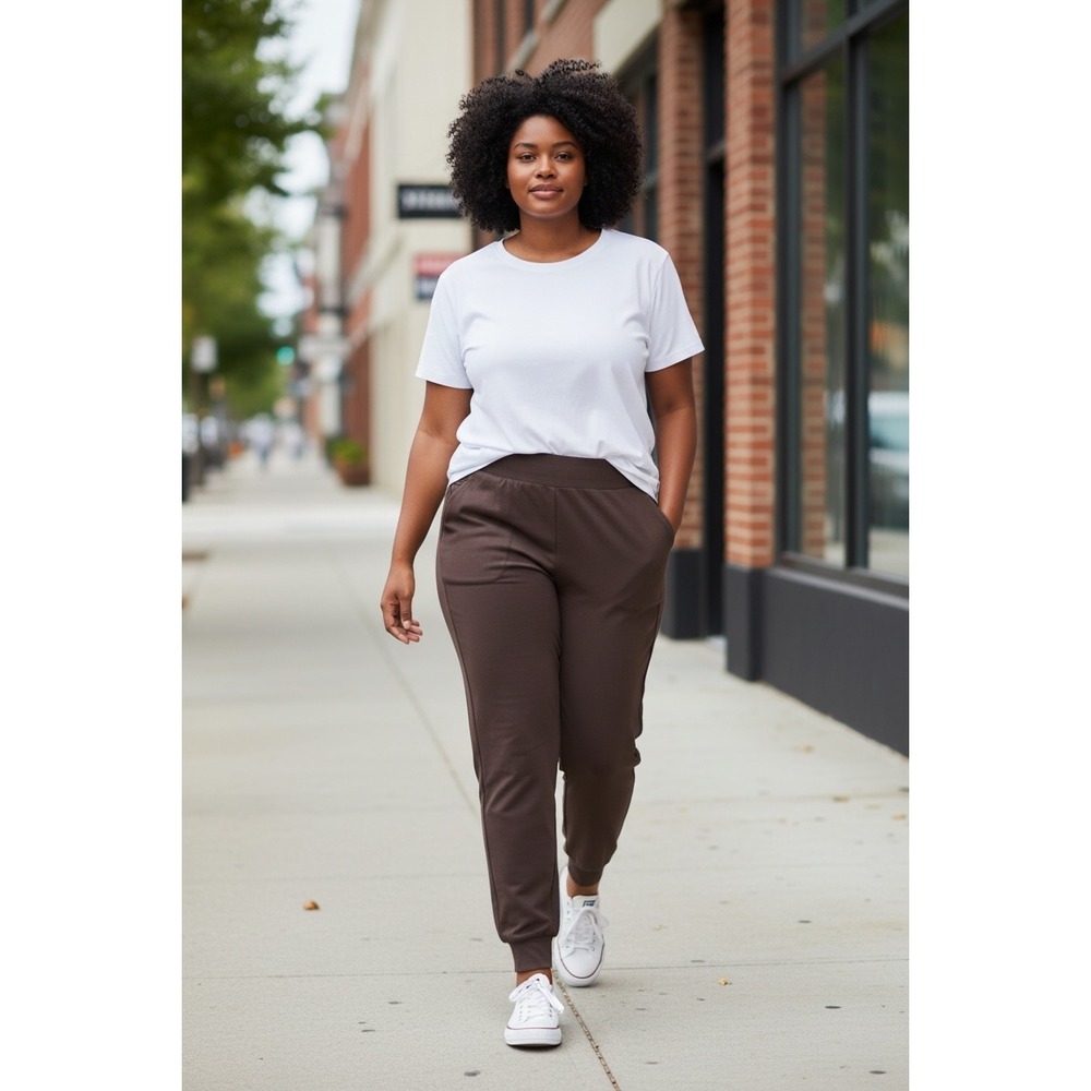 (J-270)Belle by Kim Gravel ScubaLuxe Joggers XL Chocolate Plum Pull-On Pockets